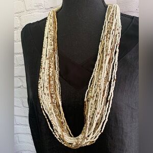 Multi-Strand Seed Beaded Vintage Necklace in WhiteTan and Gold